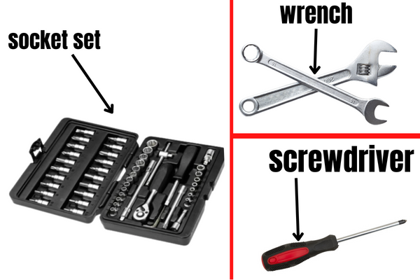 socket set, a wrench, and a screwdriver